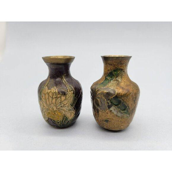 Pair Brass Enamel Floral Cloisonne Vases Miniature 2 inches - Picture 3 of 12